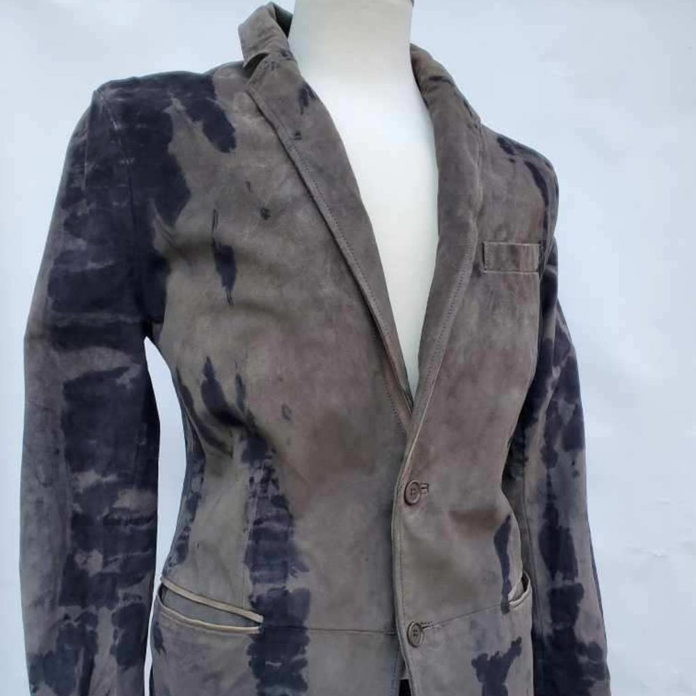 John Varvatos suede leather jacket small Med black gray blue tiedyed blazer